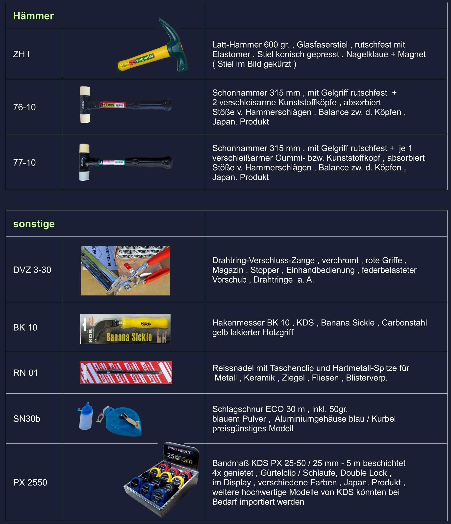 Schonhämmer , Drahtringzange , Bandmasse Havest